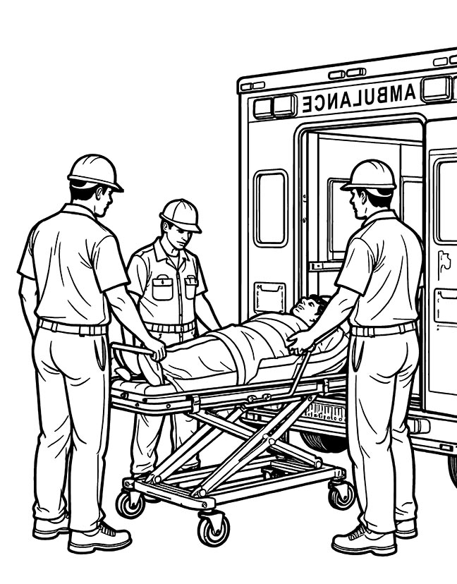 Patient on a stretcher with ambulance coloring page